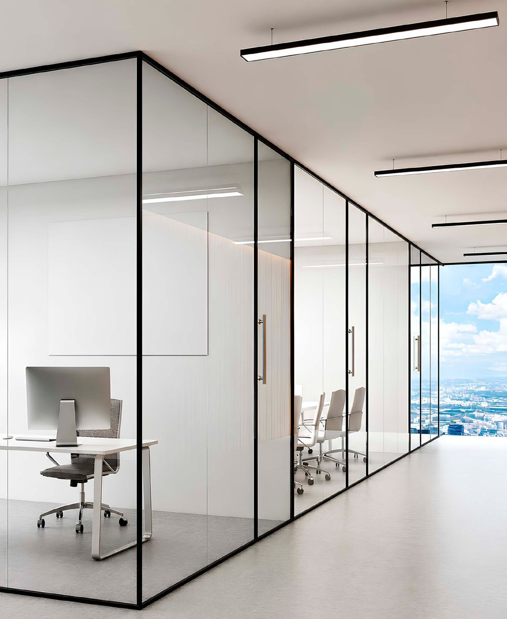Office cabins fitted with ALUSYS slim aluminium glass partitions